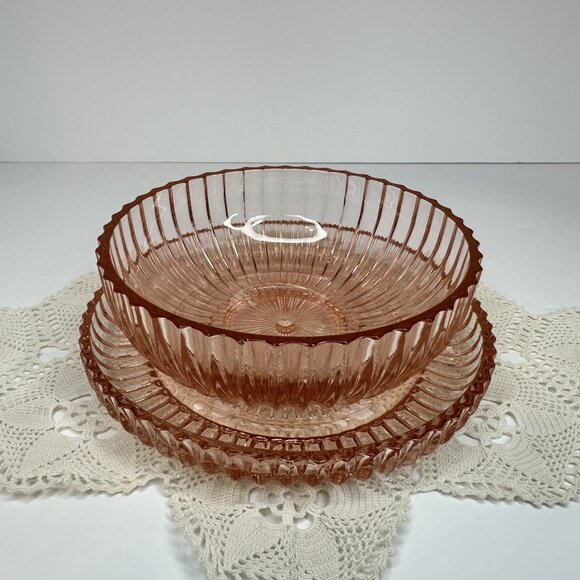 Anchor Hocking QUEEN MARY Pink Depression Glass Berry Candy Bowl Plate Set 1940s - Picture 9 of 15
